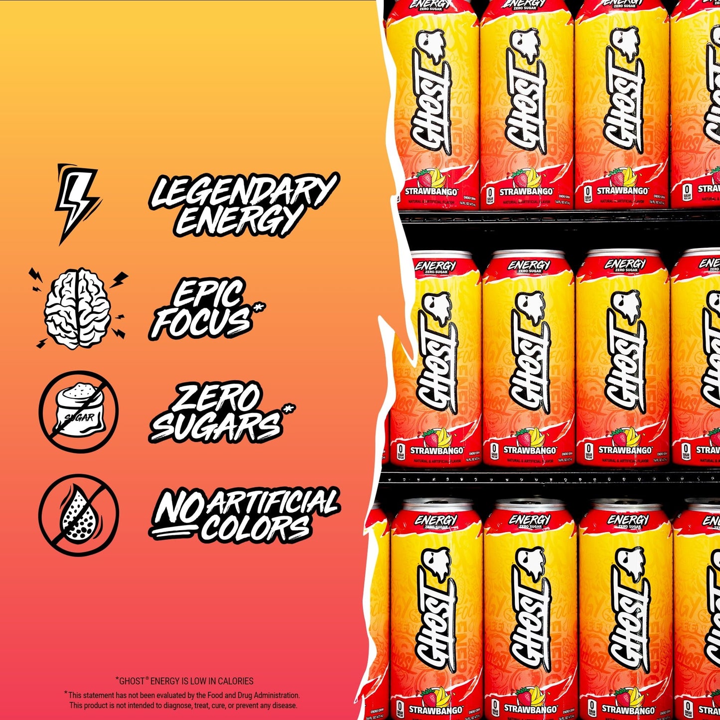 GHOST Zero Sugar Energy Drink, Strawbango, 16 oz Can, 12 Pack