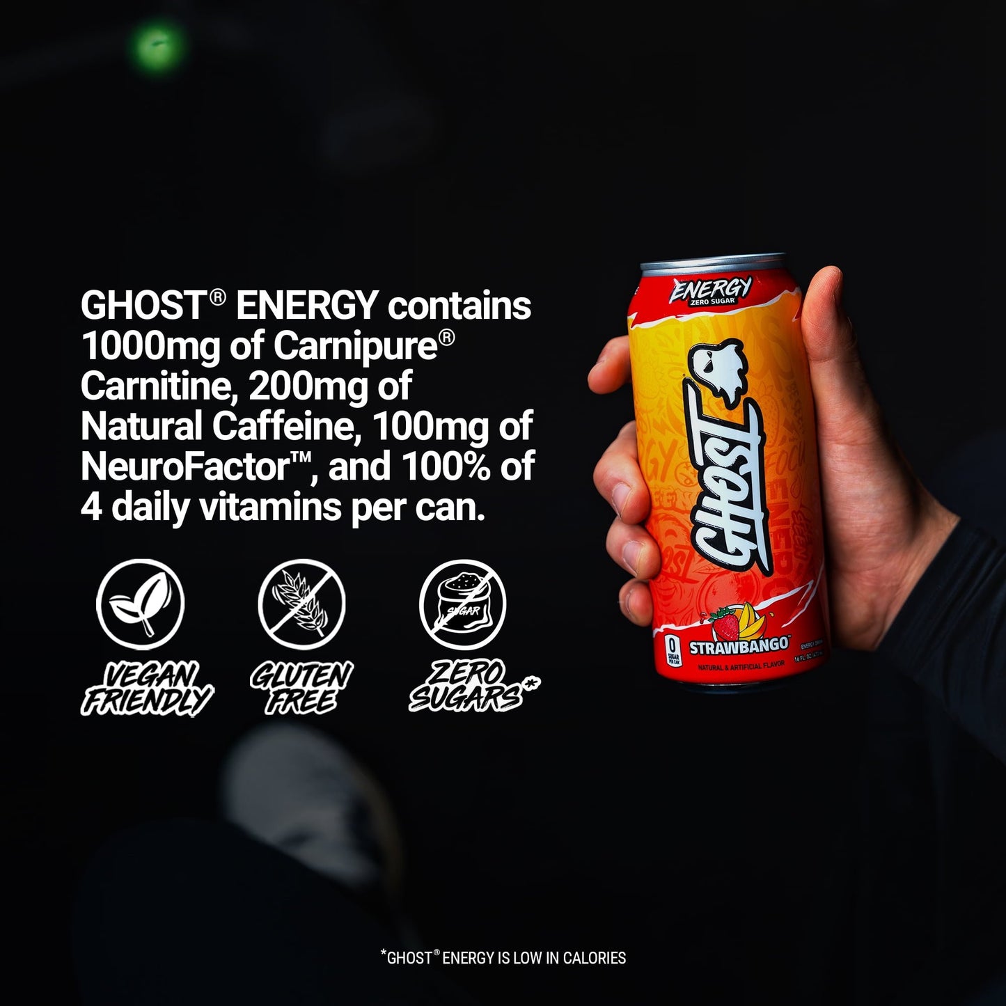 GHOST Zero Sugar Energy Drink, Strawbango, 16 oz Can, 12 Pack