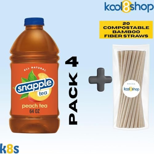 Snapple Peach All Natural Iced Tea 64 fl oz Plastic Bottle 4 Pack + 20 Compostable Bamboo Fiber Straws by KOOL8SHOP Infinite Deals