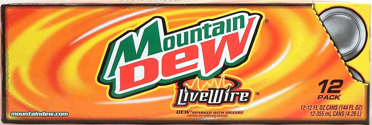 Mountain Dew Live Wire, Dew sparked with orange, 12-pack 12-ounce cans, Fridge Pack Shape
