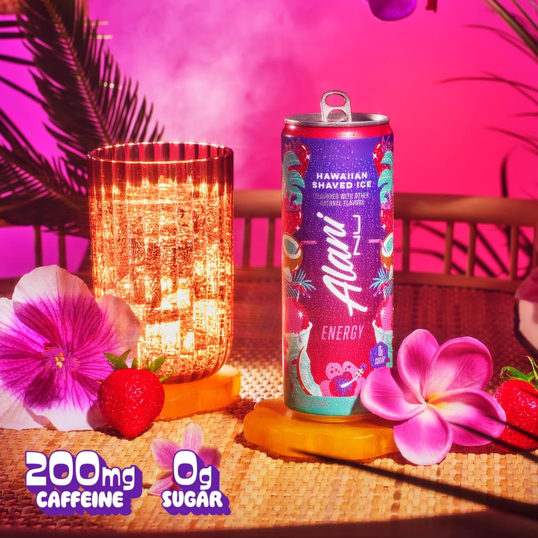 Alani Nu HAWAIIAN SHAVED ICE, Sugar Free, Low Calorie Energy Drinks, 200mg Caffeine, Biotin, B Vitamins, Zero Sugar, 10 Calories, 12 Fl Oz Cans, 12 Pack