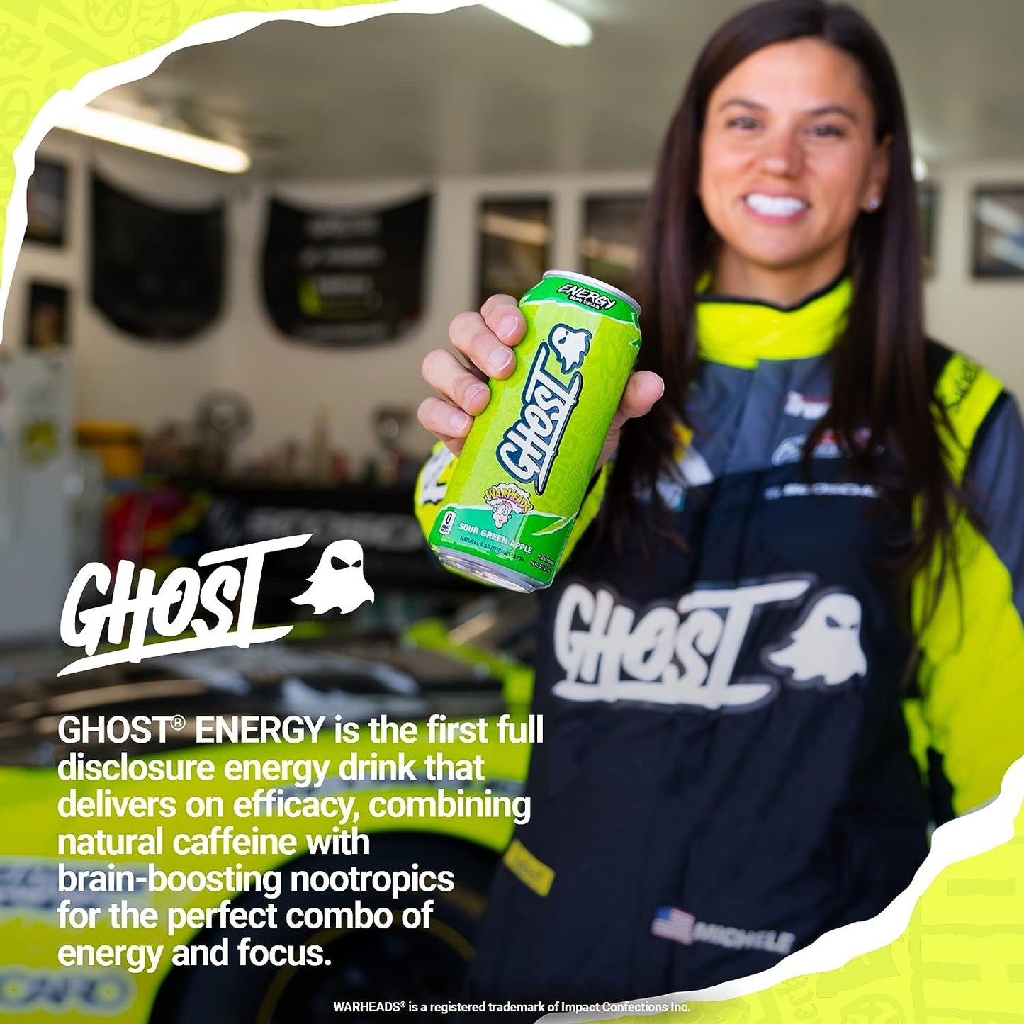 GHOST ENERGY Sugar-Free Energy Drink - 12-Pack, WARHEADS Sour Green Apple, 16oz - Energy & Focus & No Artificial Colors - 200mg of Natural Caffeine, L-Carnitine & Taurine - Gluten-Free & Vegan