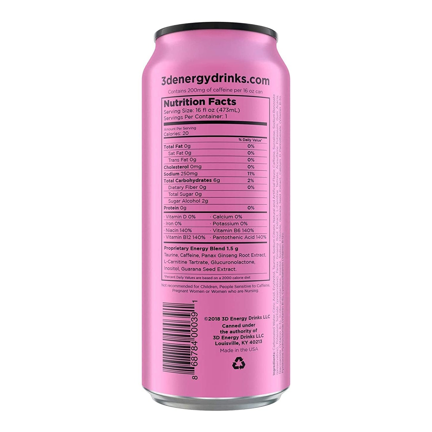 3D Sugar-Free Energy Drink, Pre-Workout Performance, Pink, 16 oz Cans (Pack of 12)