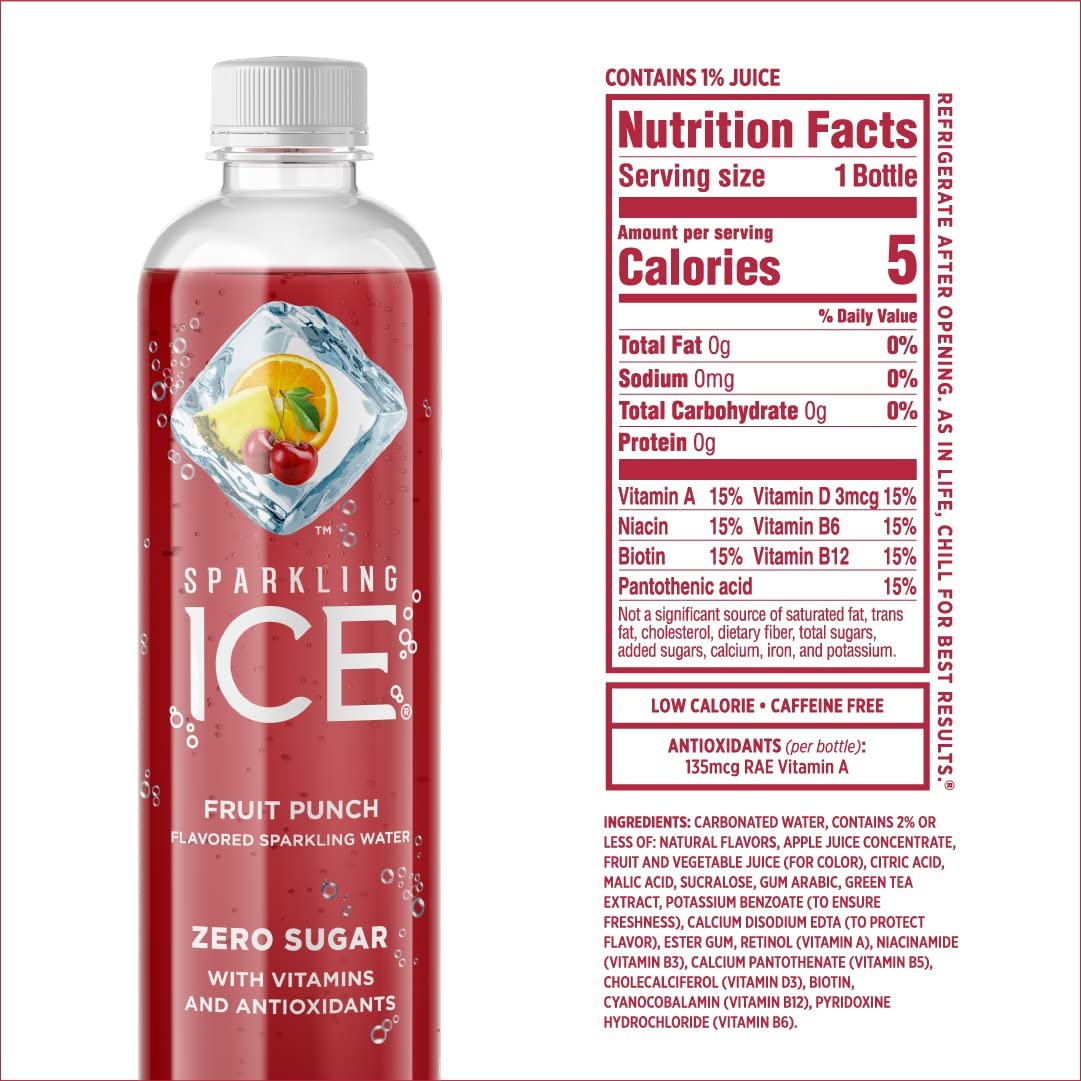 Sparkling Ice, Fruit Punch Sparkling Water, with Antioxidants and Vitamins, Zero Sugar, 17 fl oz Bottles (Pack of 12)