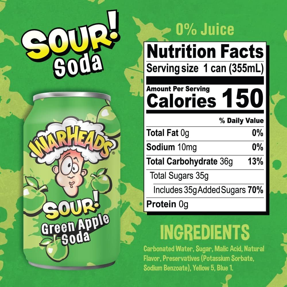 WARHEADS SODA - Sour Fruity Soda with Classic Warheads Flavors – Perfectly Balanced Sweet and Sour Soda - Warheads Candy Throwback Treat, Soda, Cocktail Mixer, Pack of 12, 12oz Cans
