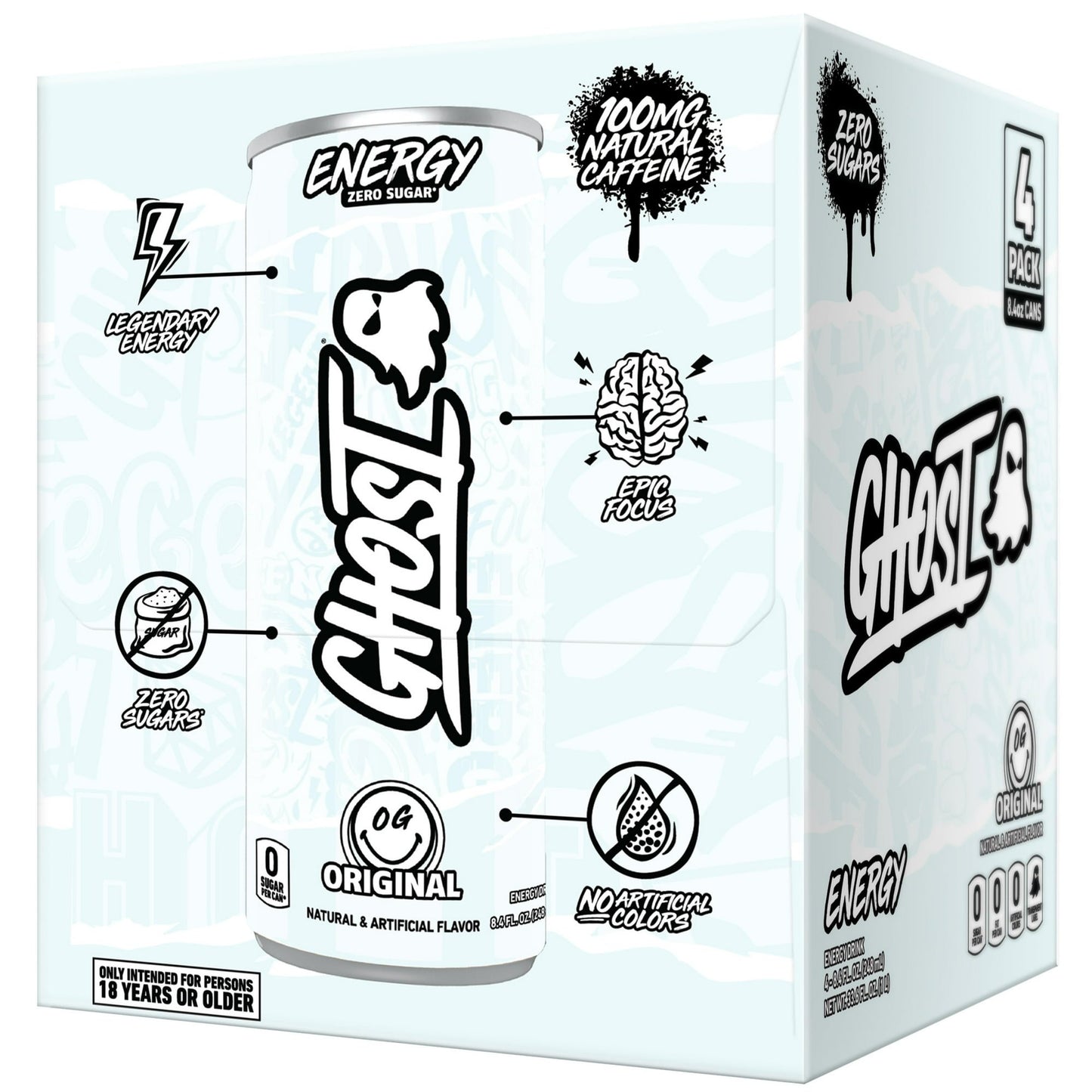 Ghost Zero Sugar Original Energy Drink, 100mg Natural Caffeine, 8.4 fl oz, 4 Pack Cans