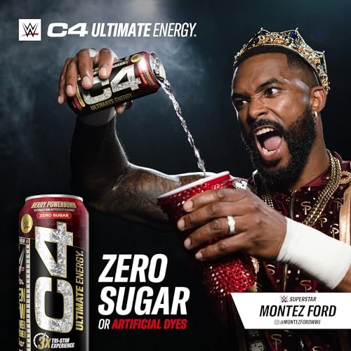 C4 Ultimate x WWE | Pre Workout Sugar Free Energy Drink | Tri-Stim Experience with 300mg Caffeine + TeaCrine + Dynamine | Berry Powerbomb | 16oz (Pack of 12)