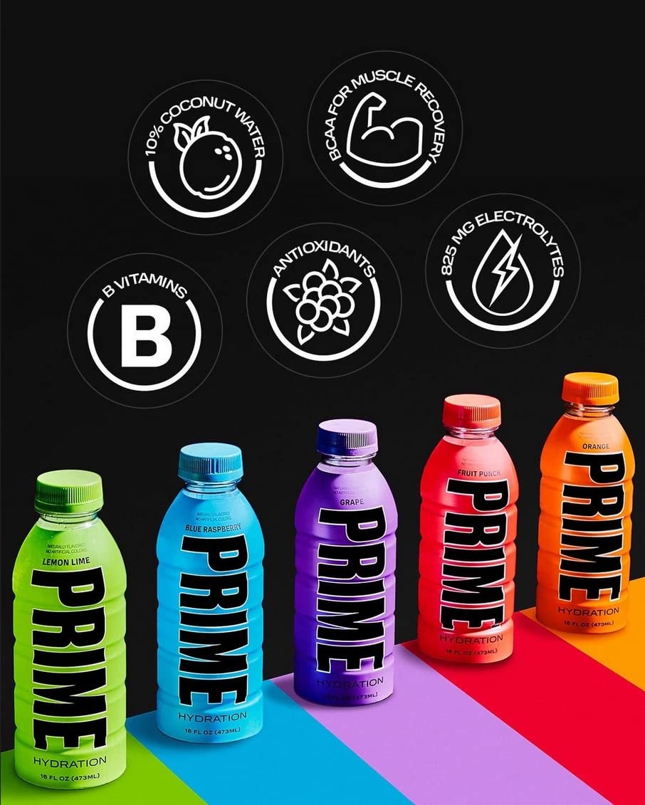Prime Hydration with BCAA Blend for Muscle Recovery 16.9 Fl Oz Bottle 12 Count (5 Flavor Variety Pack)