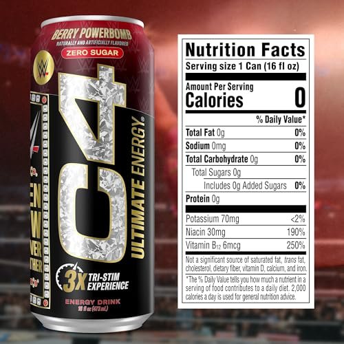 C4 Ultimate x WWE | Pre Workout Sugar Free Energy Drink | Tri-Stim Experience with 300mg Caffeine + TeaCrine + Dynamine | Berry Powerbomb | 16oz (Pack of 12)