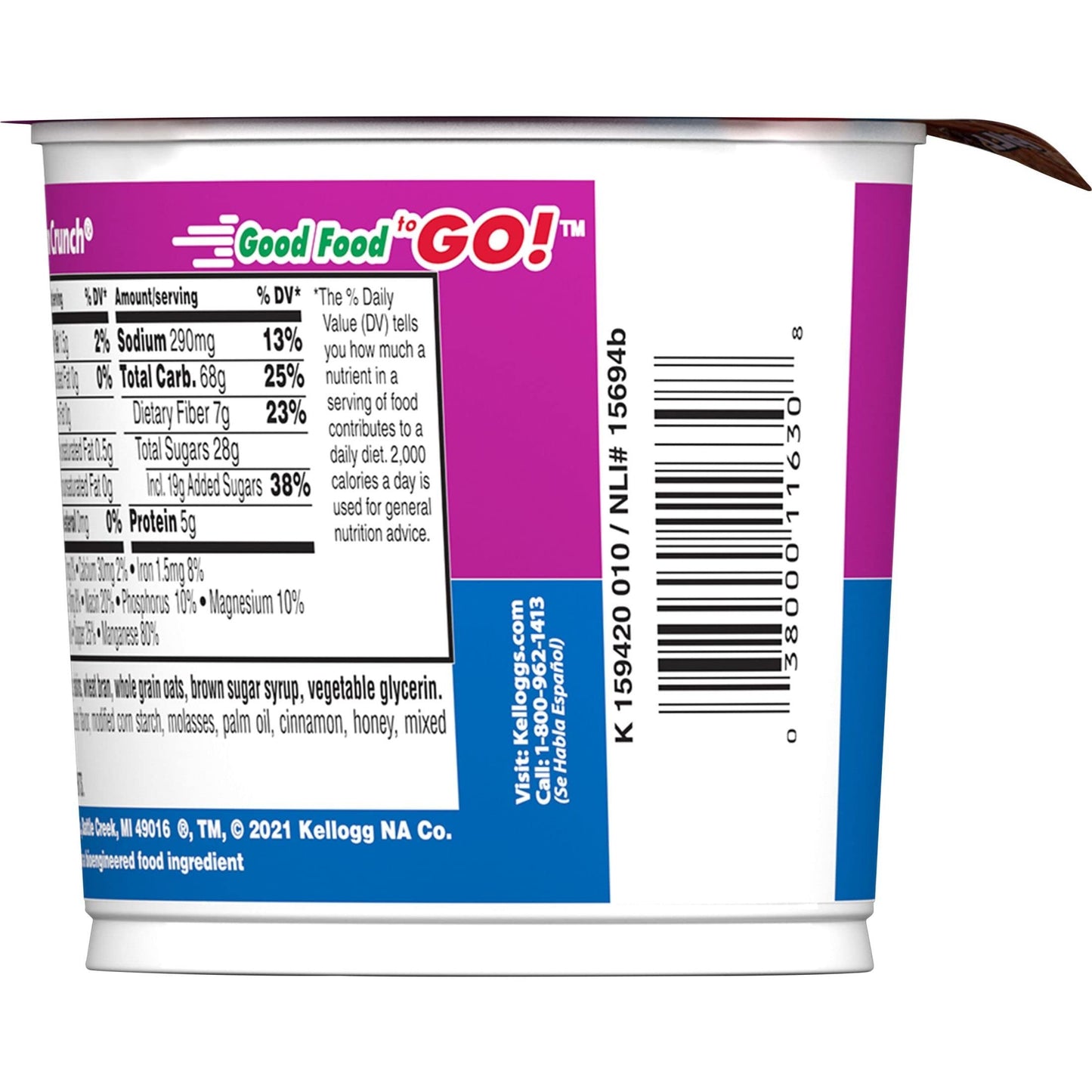 Raisin Bran Crunch Cold Breakfast Cereal Cup, Fiber Cereal, Heart Healthy, Original, 2.8oz Cup (1 Cup)