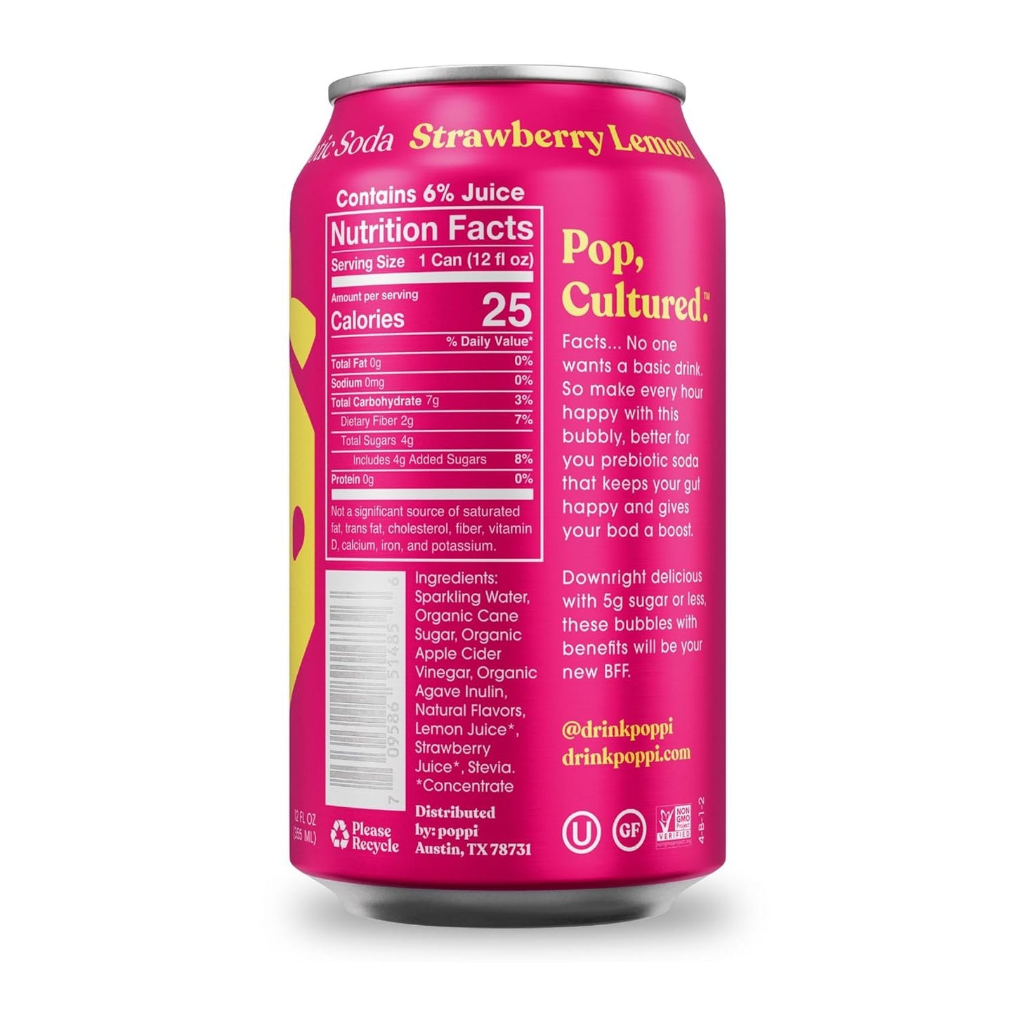 Poppi Strawberry Lemon Prebiotic Soda 4 Pack, 12 FZ