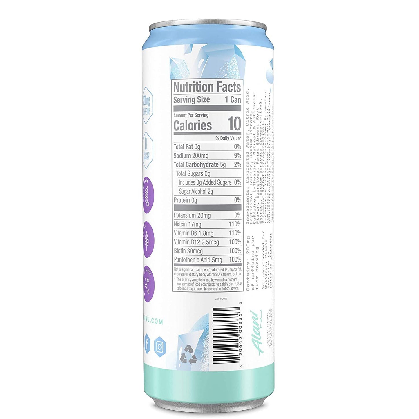 Alani Nu Sugar-Free Energy Drink, Pre-Workout Performance, Arctic White, 12 oz Cans (Pack of 12)