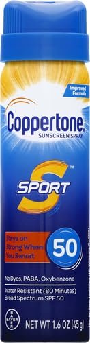Coppertone SPORT Sunscreen Spray SPF 50, Water Resistant, Continuous Sunscreen, Broad Spectrum 50 Travel Size, 1.6 Oz