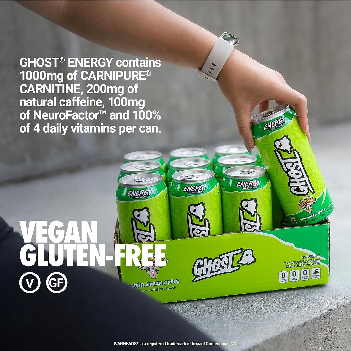 GHOST ENERGY Sugar-Free Energy Drink - 12-Pack, WARHEADS Sour Green Apple, 16oz - Energy & Focus & No Artificial Colors - 200mg of Natural Caffeine, L-Carnitine & Taurine - Gluten-Free & Vegan