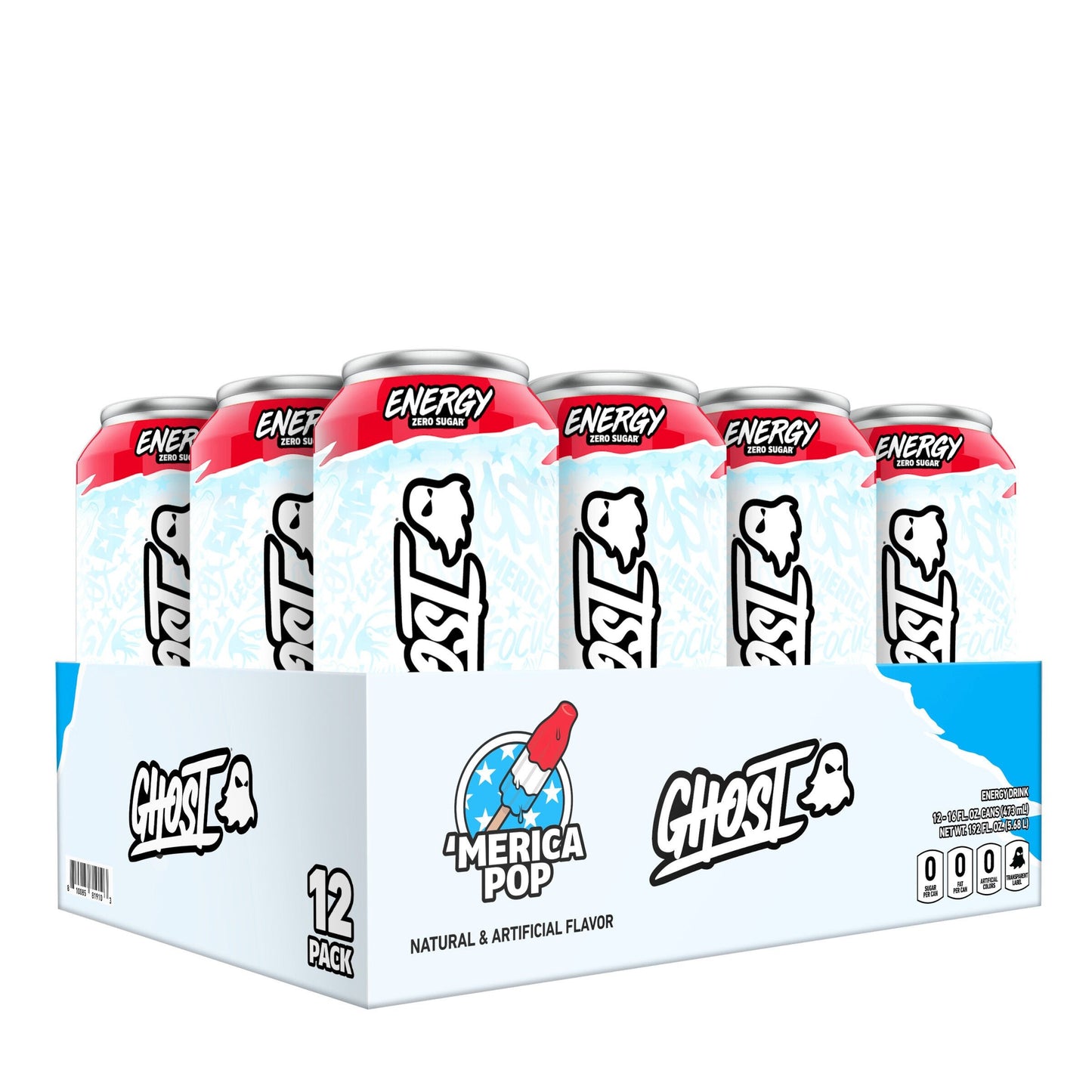 GHOST Zero Sugar Energy Drink, MERICA Pop, 16 oz Can (12 Pack)