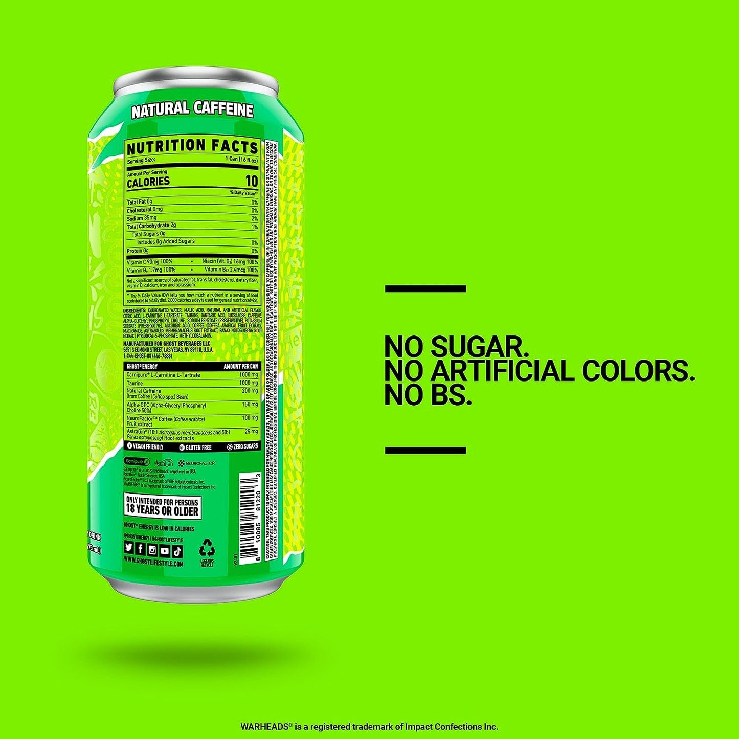 GHOST ENERGY Sugar-Free Energy Drink - 12-Pack, WARHEADS Sour Green Apple, 16oz - Energy & Focus & No Artificial Colors - 200mg of Natural Caffeine, L-Carnitine & Taurine - Gluten-Free & Vegan
