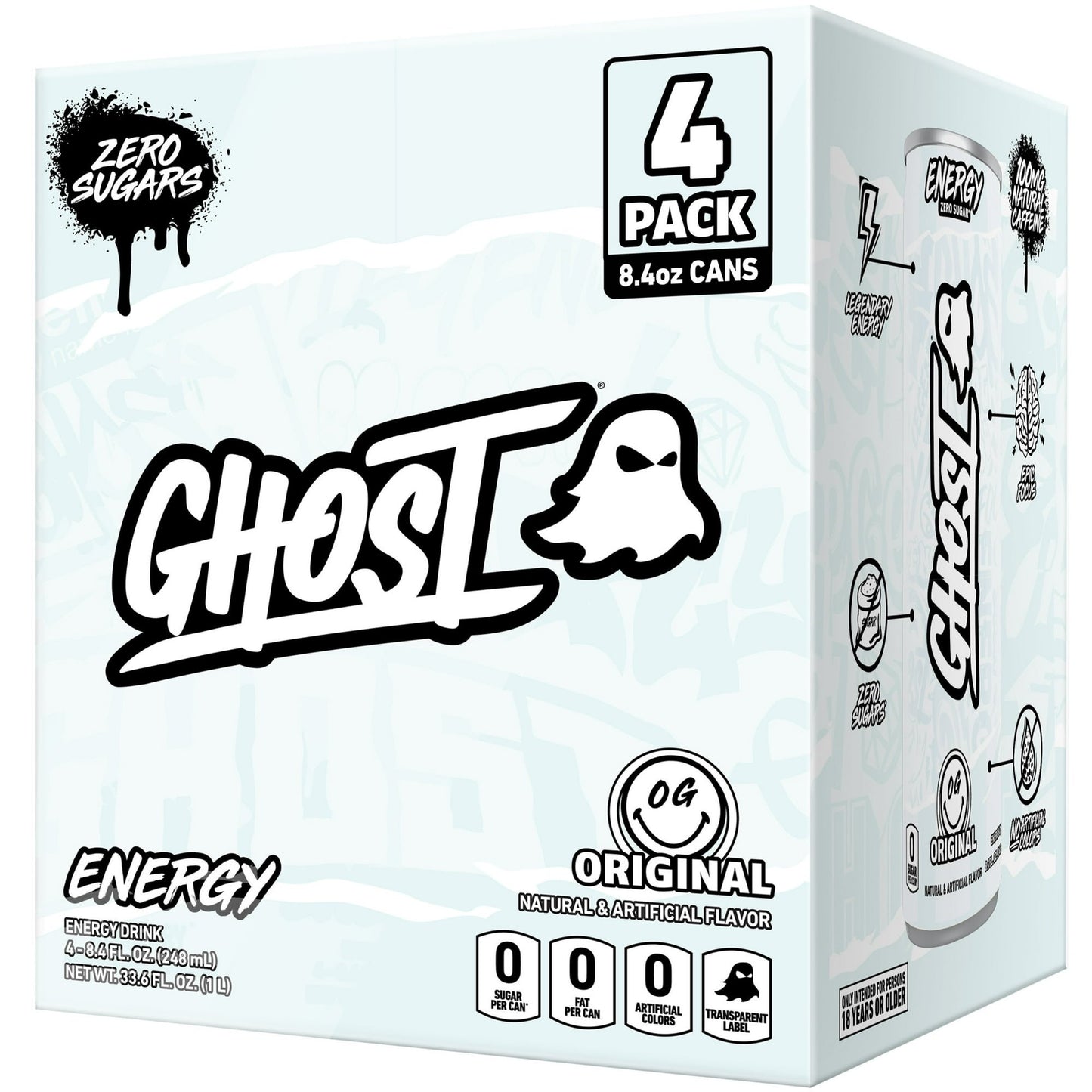 Ghost Zero Sugar Original Energy Drink, 100mg Natural Caffeine, 8.4 fl oz, 4 Pack Cans
