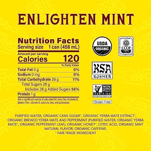Guayaki Yerba Mate, Clean Energy Drink Alternative, Organic Enlighten Mint, 15.5oz (Pack of 4), 150mg Caffeine