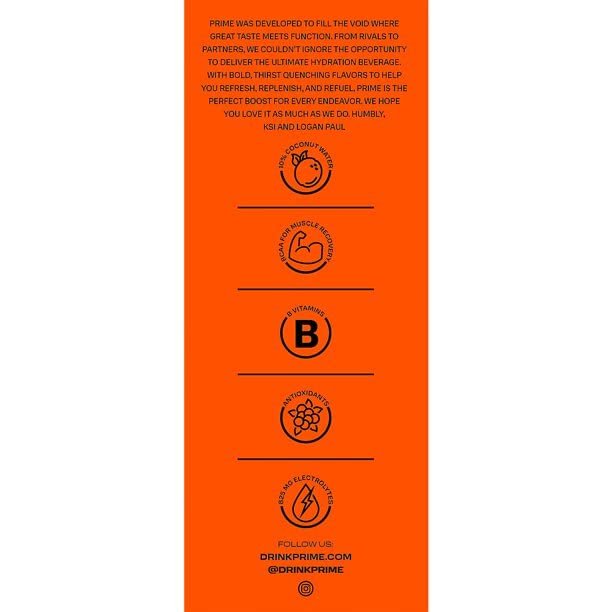 Prime Hydration with BCAA Blend for Muscle Recovery Orange (12 Drinks, 16 Fl Oz. Each)