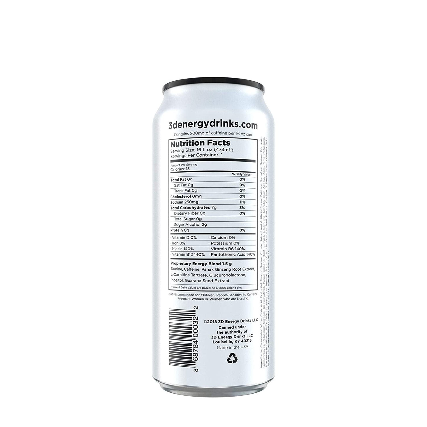 3D Energy Drink | Caffeine, Zero Sugar, Taurine, Panax Ginseng, Inositol, Guarana Seed, L-Carnitine Tartrate, 16 Fluid Ounce | 12 Pack (White)