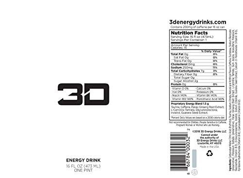 3D Energy Drink | Caffeine, Zero Sugar, Taurine, Panax Ginseng, Inositol, Guarana Seed, L-Carnitine Tartrate, 16 Fluid Ounce | 12 Pack (White)