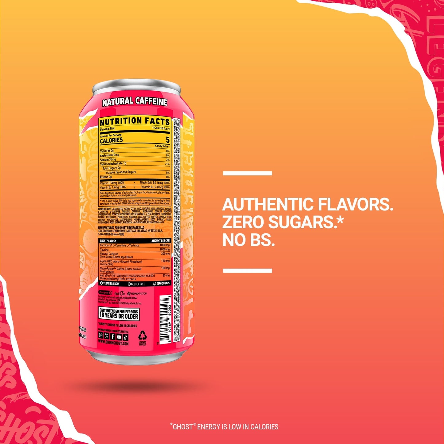 GHOST Zero Sugar Energy Drink, Strawbango, 16 oz Can, 12 Pack