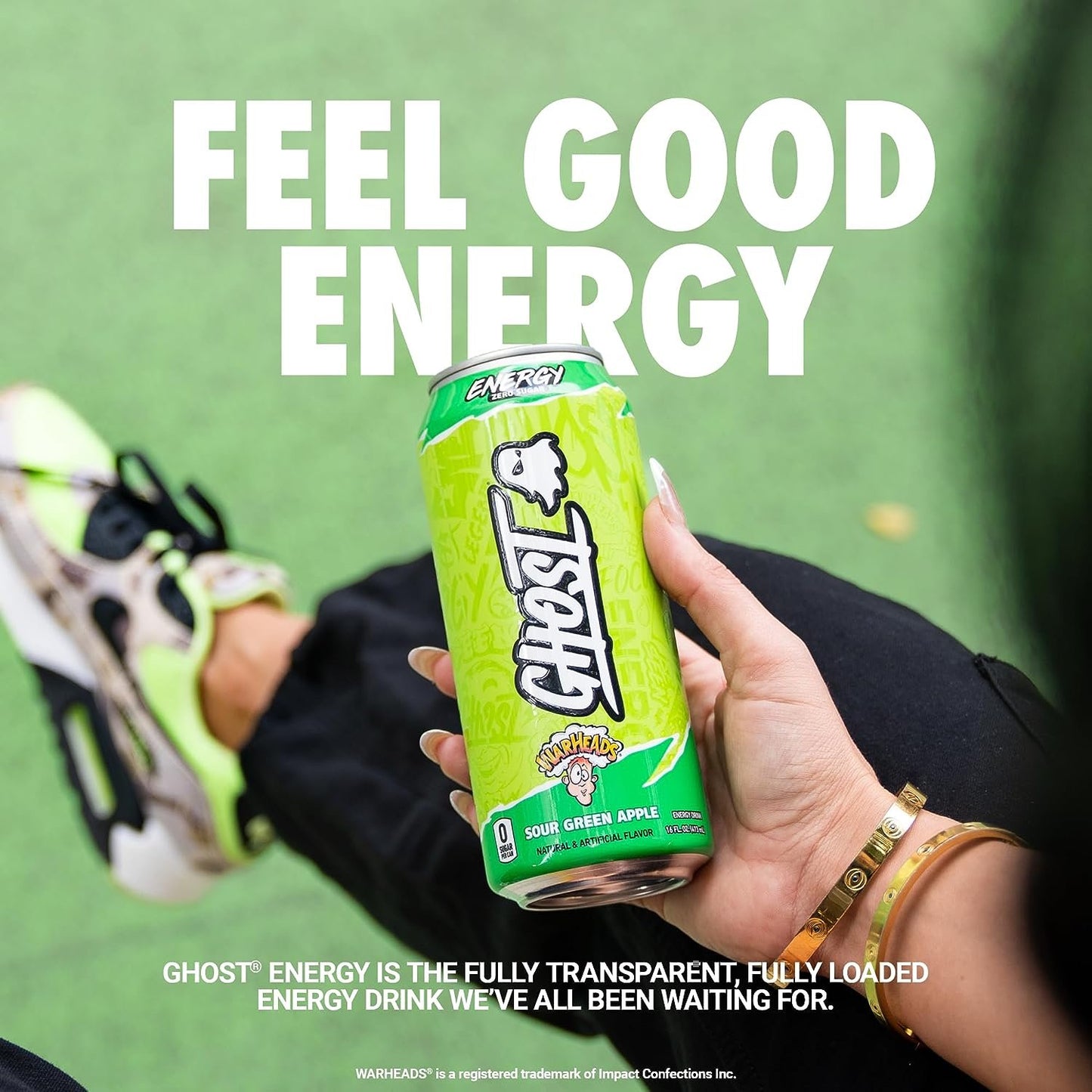 GHOST ENERGY Sugar-Free Energy Drink - 12-Pack, WARHEADS Sour Green Apple, 16oz - Energy & Focus & No Artificial Colors - 200mg of Natural Caffeine, L-Carnitine & Taurine - Gluten-Free & Vegan