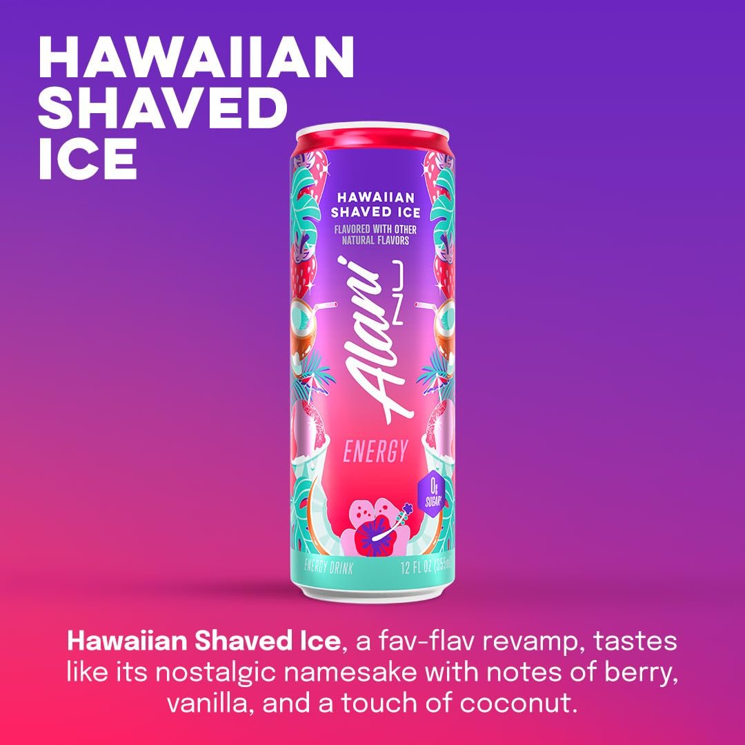 Alani Nu HAWAIIAN SHAVED ICE, Sugar Free, Low Calorie Energy Drinks, 200mg Caffeine, Biotin, B Vitamins, Zero Sugar, 10 Calories, 12 Fl Oz Cans, 12 Pack