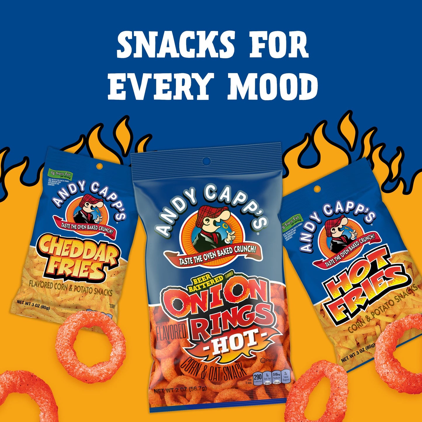 Andy Capp's Beer Battered Flavored Onion Flavored Rings Baked Oat and Corn Snacks, Hot, 2 oz