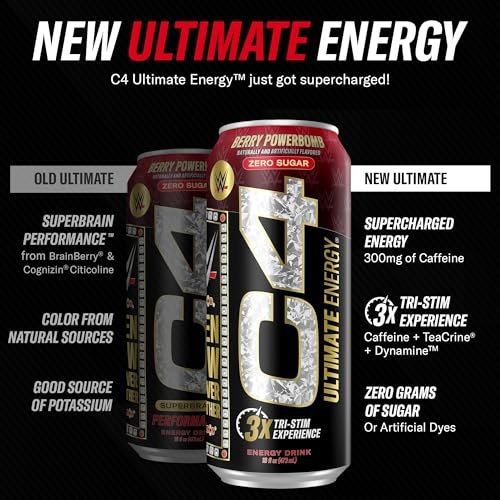 C4 Ultimate x WWE | Pre Workout Sugar Free Energy Drink | Tri-Stim Experience with 300mg Caffeine + TeaCrine + Dynamine | Berry Powerbomb | 16oz (Pack of 12)