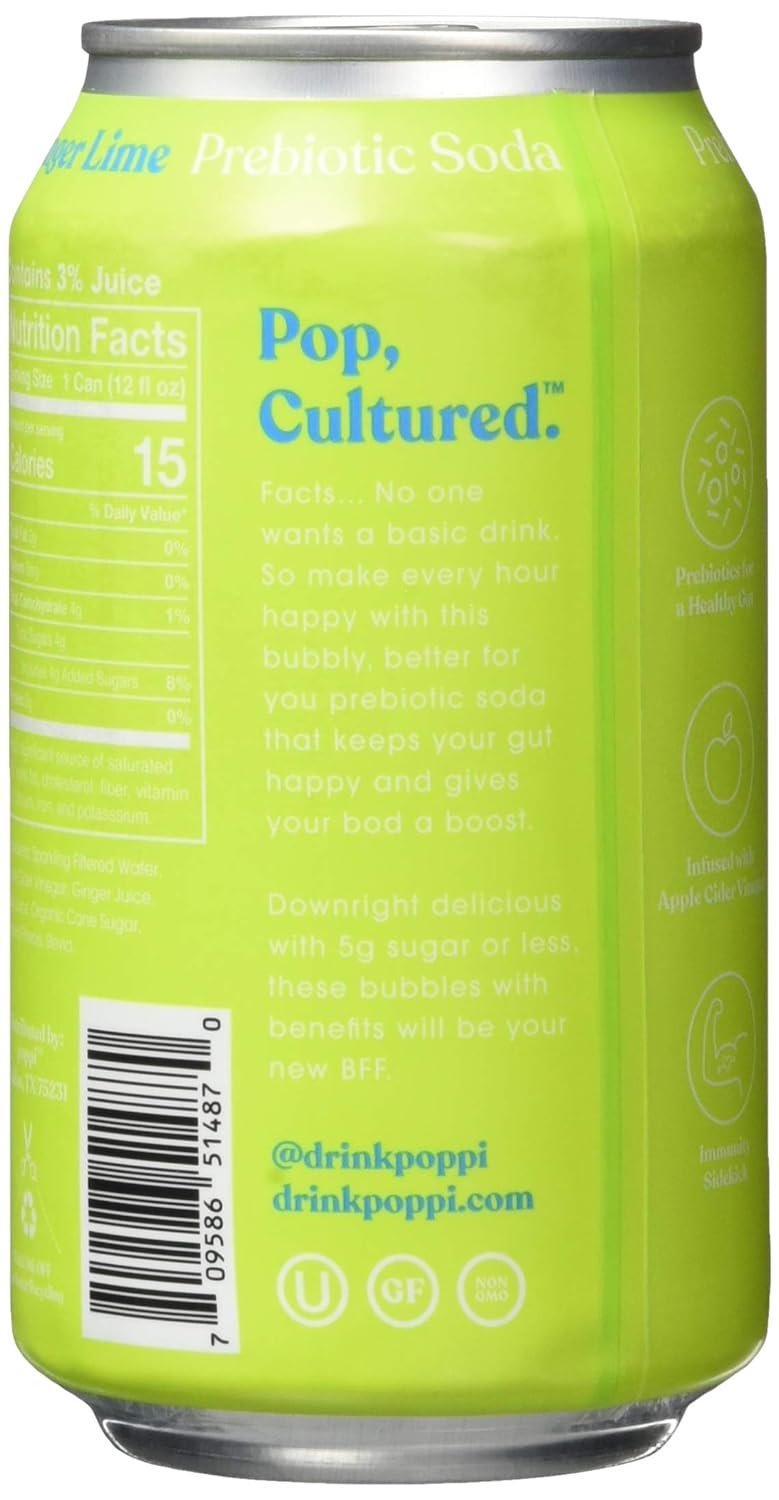 Poppi Ginger Lime Prebiotic Soda, 12 Fl Oz (Pack of 12)