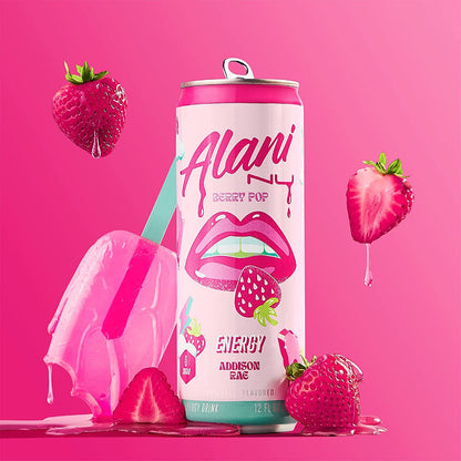 Alani Nu Sugar-Free Energy Drink, Pre-Workout Performance, Berry Pop, Addison Rae Collab, 12 oz Cans (Pack of 12)