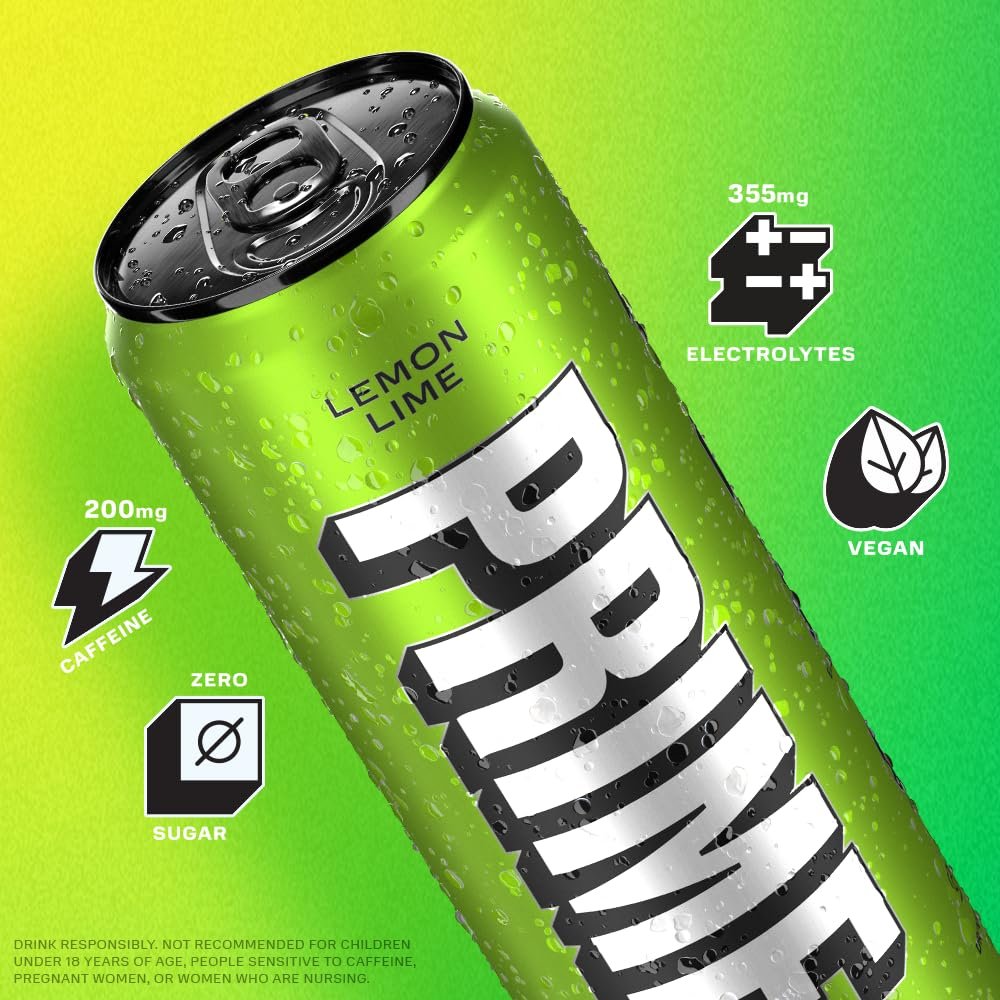 PRIME Energy LEMON LIME | Zero Sugar Energy Drink | Preworkout Energy | 200mg Caffeine with 355mg of Electrolytes and Coconut Water for Hydration| Vegan | Gluten Free |12 Fluid Ounce | 12 Pack