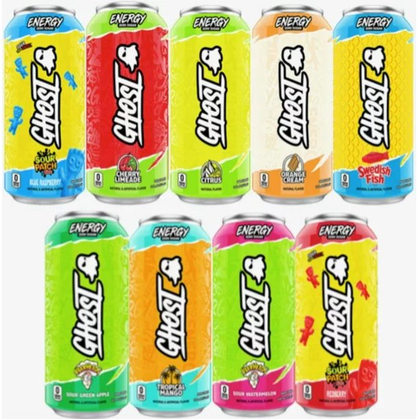 GHOST Variety Pack - Energy Drink - Sour Patch, Cherry Limeade, Citrus, Orange Cream, Swedish Fish, Sour Green Apple, Tropical Mango & Sour Watermelon - 16 Fl Oz (9 Pack)