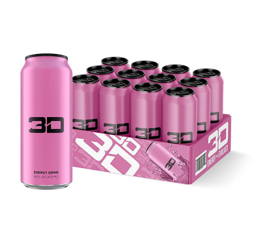 3D Sugar-Free Energy Drink, Pre-Workout Performance, Pink, 16 oz Cans (Pack of 12)