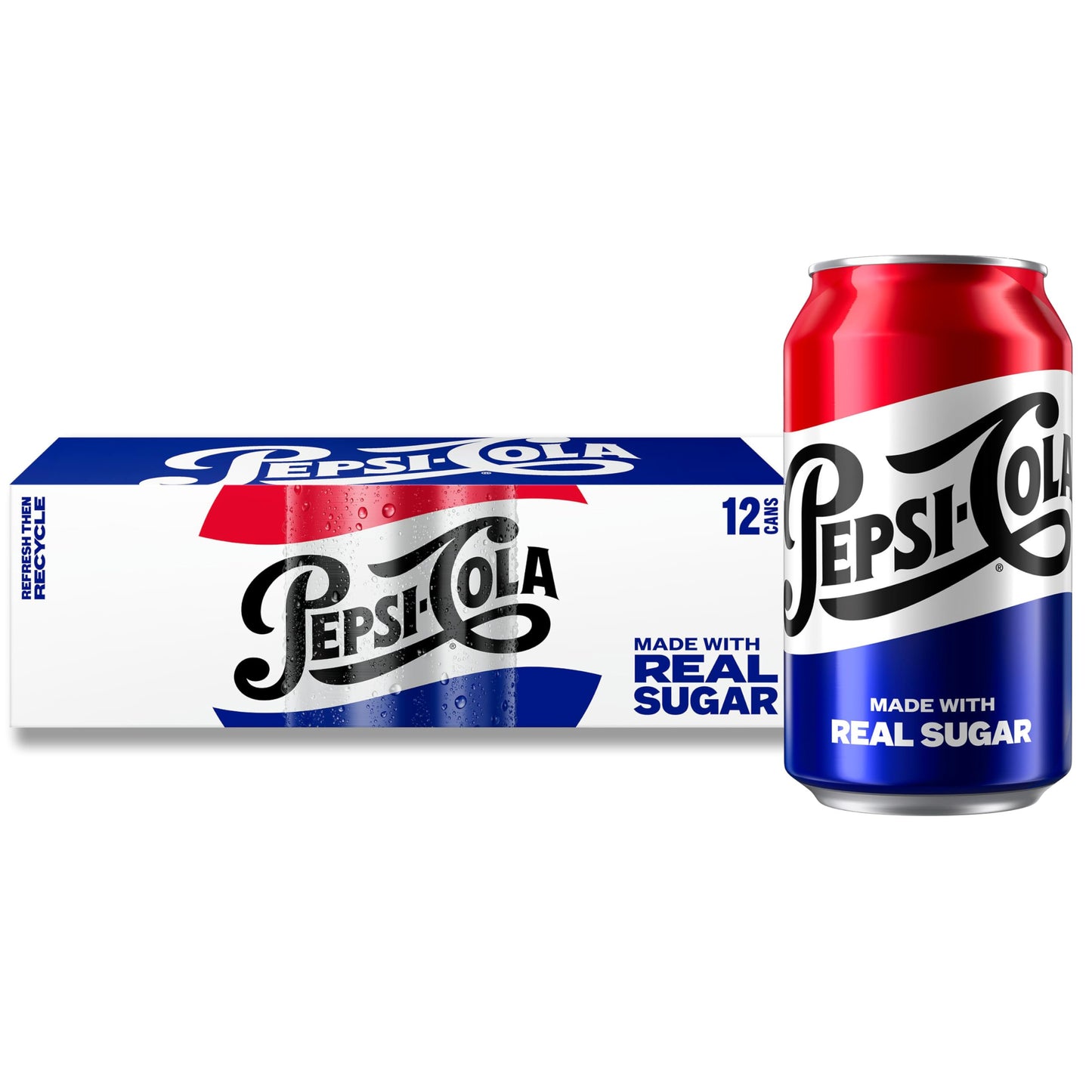 Pepsi Real Sugar Soda, 12 Fl oz Cans, (12 Pack), Cola, Soda Pop (Packaging May Vary)