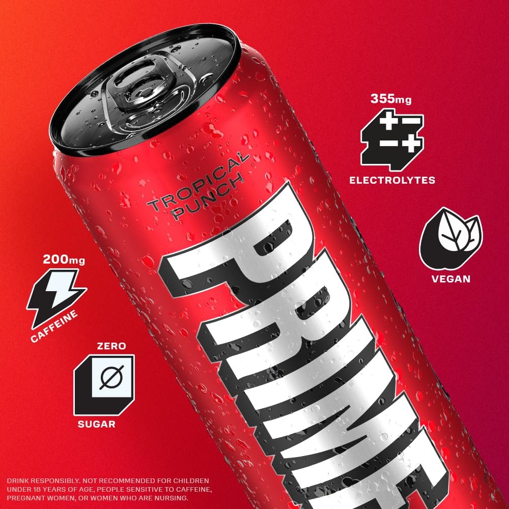 PRIME Energy TROPICAL PUNCH | Zero Sugar Energy Drink | Preworkout Energy | 200mg Caffeine with 355mg of Electrolytes and Coconut Water for Hydration| Vegan | Gluten Free |12 Fluid Ounce | 12 Pack