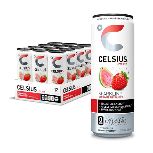 CELSIUS Essential Energy Drink, Sparkling Strawberry Guava 12 Fl Oz (Pack of 12)