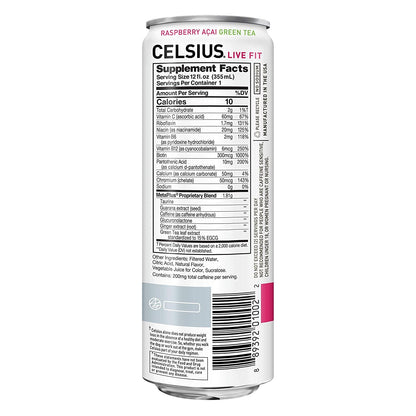 CELSIUS Essential Energy Drink 12 Fl Oz, Raspberry Acai Green Tea (Pack of 4)