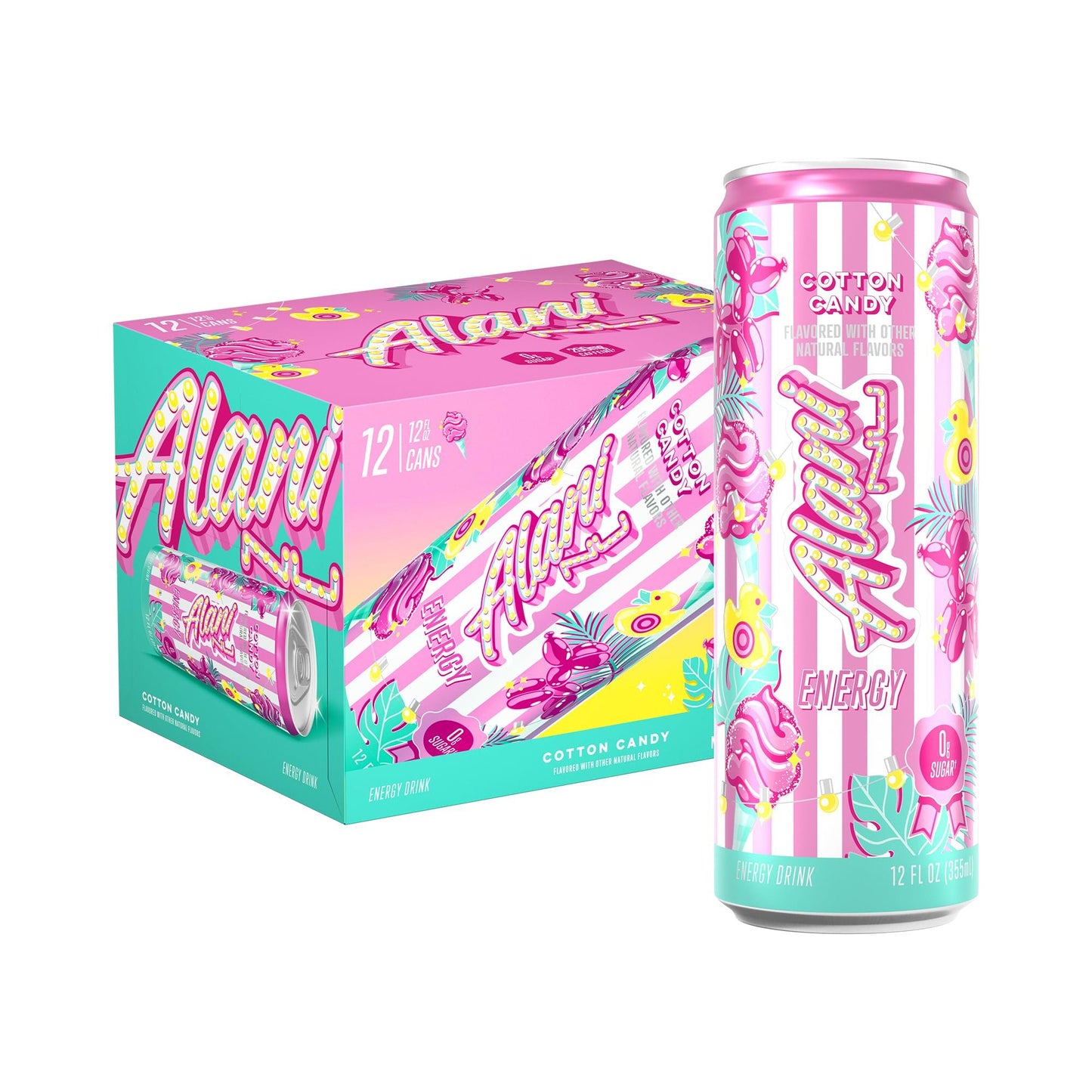 Alani Nu COTTON CANDY, Sugar Free, Low Calorie Energy Drinks, 200mg Caffeine, Biotin, B Vitamins, Zero Sugar, 10 Calories, 12 Fl Oz Cans, 12 Pack