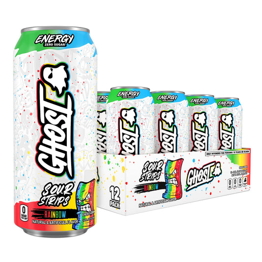 GHOST Energy Drink - 12-Pack, Sour Strips Rainbow, 16oz Cans - Energy & Focus & No Artificial Colors - 200mg of Natural Caffeine, L-Carnitine & Taurine - Gluten-Free & Vegan