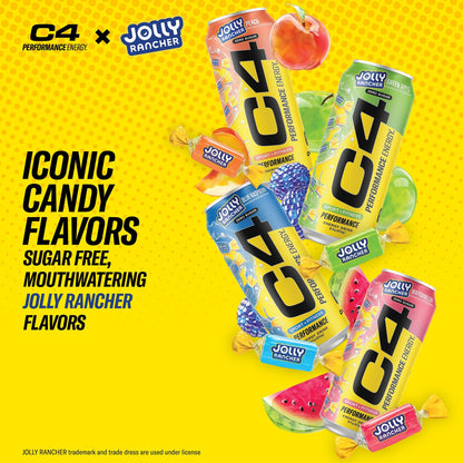 Cellucor C4 Performance Energy Drink | JOLLY RANCHER Blue Raspberry | Zero Sugar Carbonated Preworkout Energy | 200mg Caffeine with Beta Alanine | 16 Fl Oz (12 Pack)