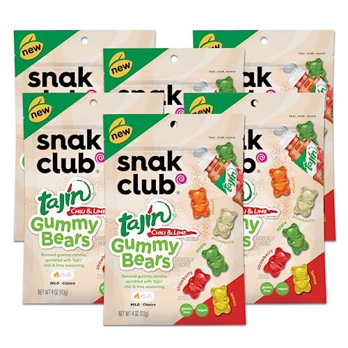 Snak Club Gummy Bears, Tajin Chili & Lime Sweet and Spicy Gummy Candy, Mild in Heat Bold in Flavor, Low-Fat, Vegan, Gluten-Free Snack, 4oz Resealable Bag, 6 Count