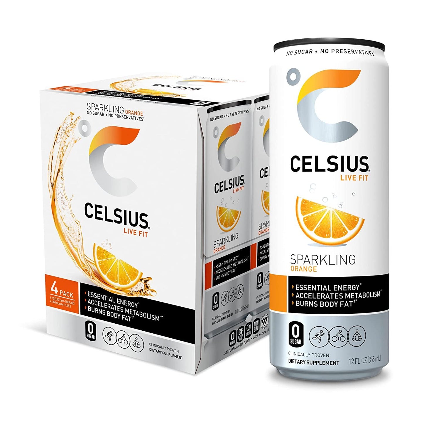 CELSIUS Essential Energy Drink 12 Fl Oz, Sparkling Orange (Pack of 4)