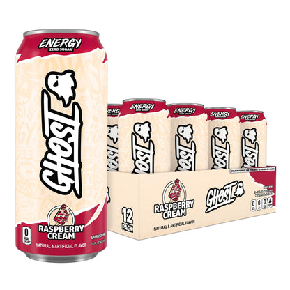 GHOST Energy Drink - 12-Pack, Raspberry Cream, 16oz Cans - Energy & Focus & No Artificial Colors - 200mg of Natural Caffeine, L-Carnitine & Taurine - Gluten-Free & Vegan