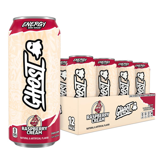 GHOST Energy Drink - 12-Pack, Raspberry Cream, 16oz Cans - Energy & Focus & No Artificial Colors - 200mg of Natural Caffeine, L-Carnitine & Taurine - Gluten-Free & Vegan