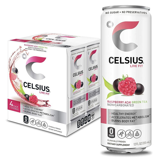 CELSIUS Essential Energy Drink 12 Fl Oz, Raspberry Acai Green Tea (Pack of 4)