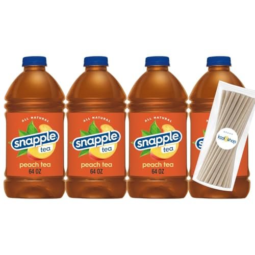 Snapple Peach All Natural Iced Tea 64 fl oz Plastic Bottle 4 Pack + 20 Compostable Bamboo Fiber Straws by KOOL8SHOP Infinite Deals