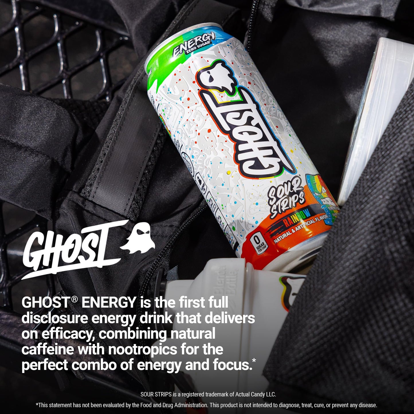 GHOST Energy Drink - 12-Pack, Sour Strips Rainbow, 16oz Cans - Energy & Focus & No Artificial Colors - 200mg of Natural Caffeine, L-Carnitine & Taurine - Gluten-Free & Vegan