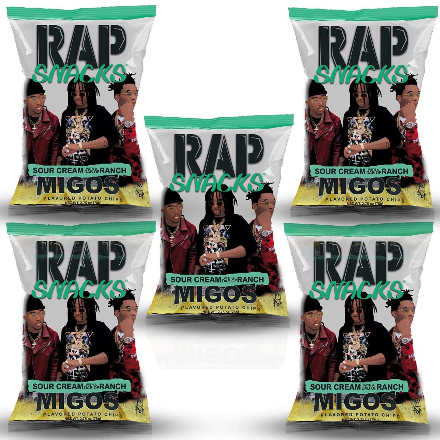 Rap Snacks 5 Pack Variety (2.5oz Bags) (Migos Sour Cream Dab of Ranch)